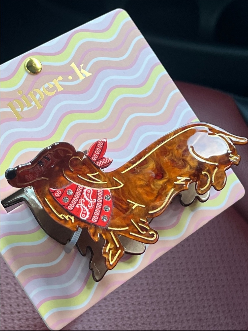 Piper K dachshund w/red bandana hair clip